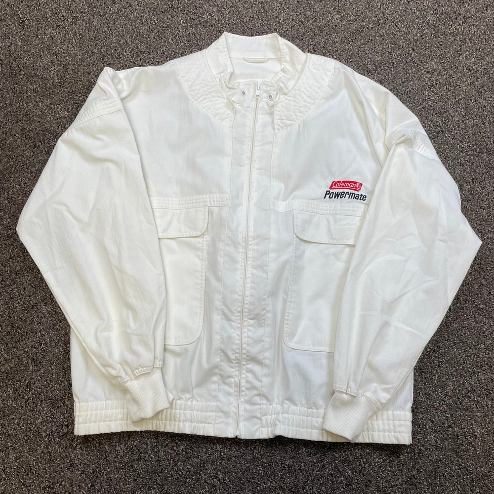 Vintage Coleman Powermate Vacation Express White Bomber Utility Jacket Mens XL